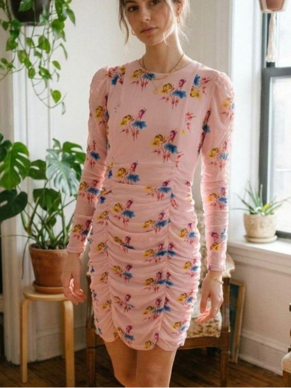Authentic GANNI printed stretch-mesh long-sleeve ruched mini dress
